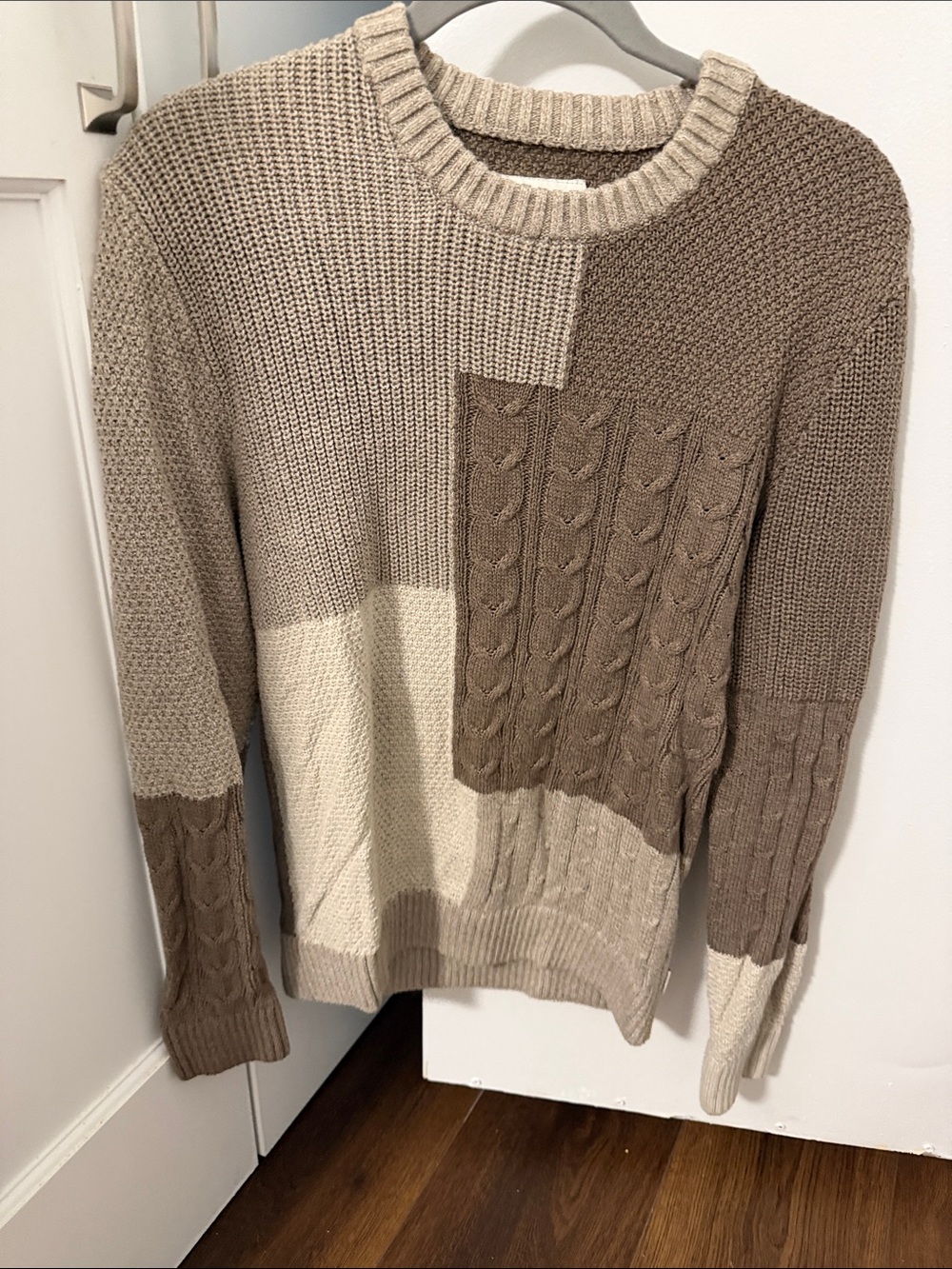 Hollister Beige & Taupe Patchwork Cable Crewneck Sweater